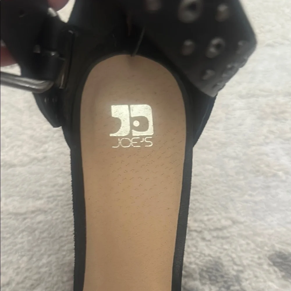 Joe’s Jeans black suede pointy closed toe ankle strap Betty heels